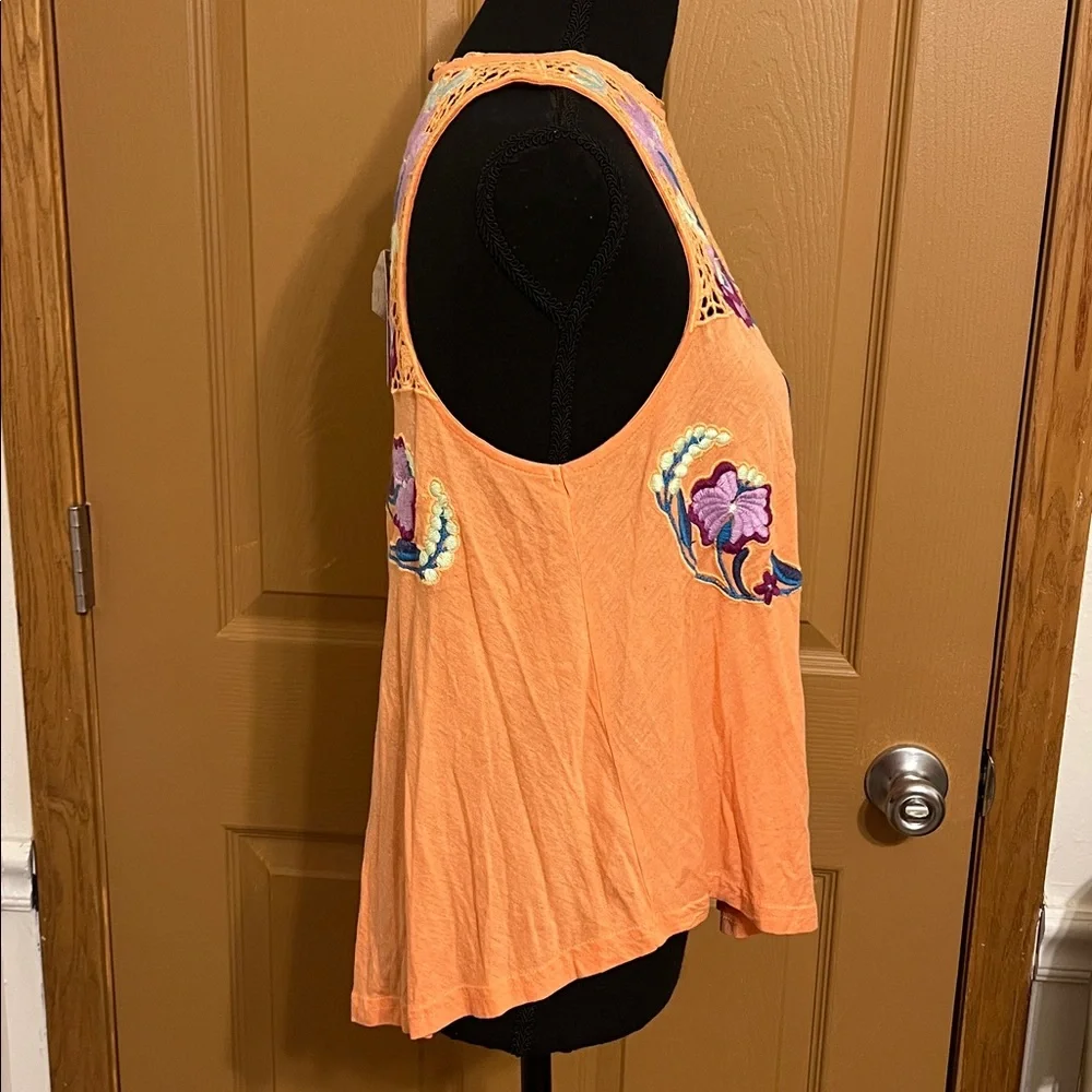 Free People Coral Crochet Neck Floral Embroidered Sleeveless Top